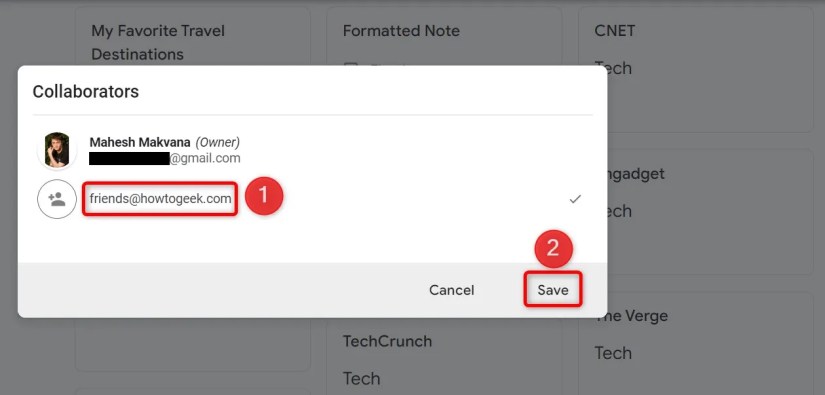 A collaborator&rsquo;s email address and &lsquo;Save&rsquo; highlighted for a note on Google Keep.