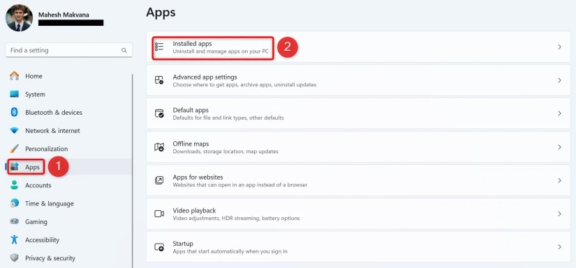 &lsquo;Apps&rsquo; and &lsquo;Installed Apps&rsquo; highlighted in Windows 11 Settings.