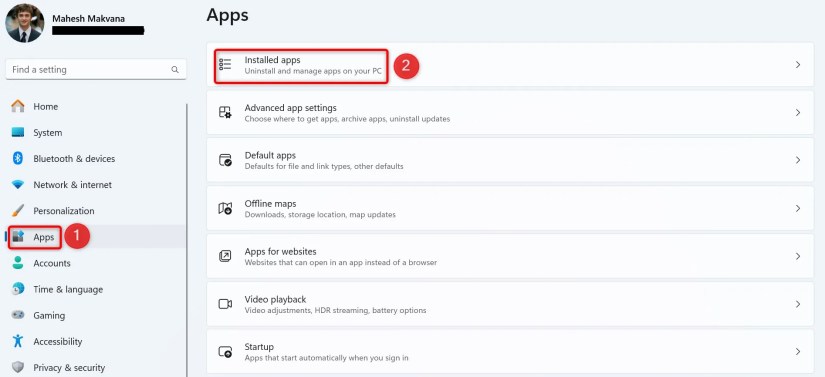 &lsquo;Apps&rsquo; and &lsquo;Installed Apps&rsquo; highlighted in Windows 11 Settings.