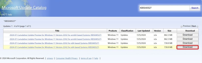 &lsquo;Download&rsquo; highlighted for an update on the Microsoft Update Catalog site.