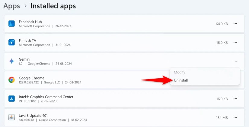 &lsquo;Uninstall&rsquo; highlighted for Gemini in Windows 11 Settings.