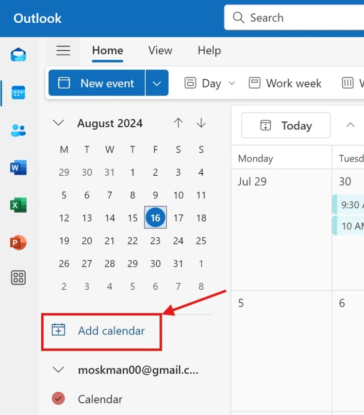 Adding a new calendar in Calendar section of Outlook.