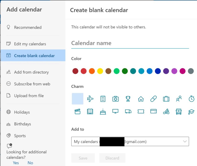Adding a new blank calendar option under Calendars in Outlook.