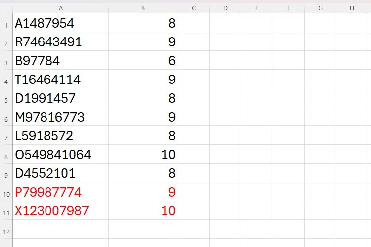 An Excel sheet containing the LEN function with TRIMRANGE, with two new values added at the bottom of the range to show its function.