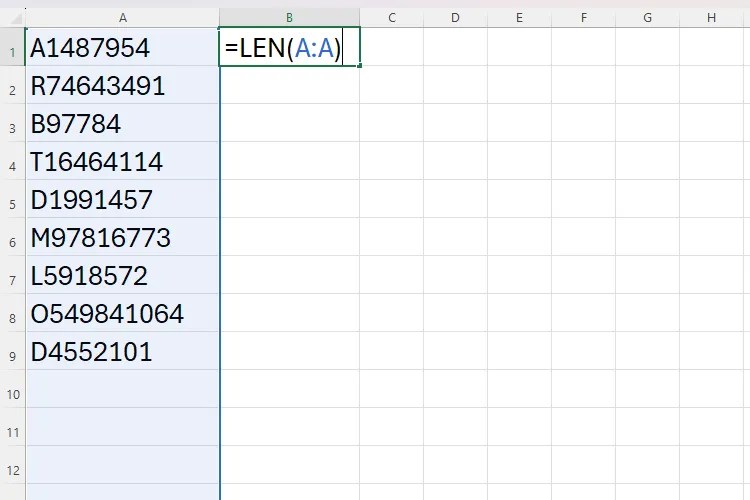 An Excel sheet containing values in column A, and the LEN function in cell B1.