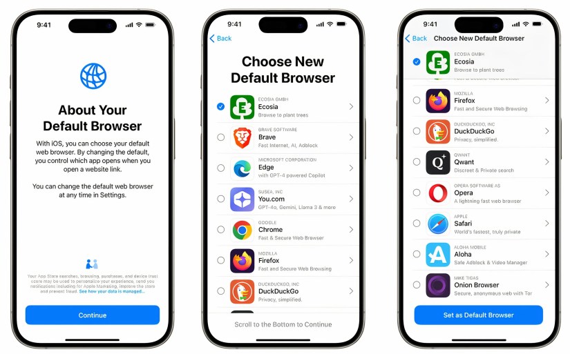 Three framed iPhone screenshots showcasing choosing the default web browser.