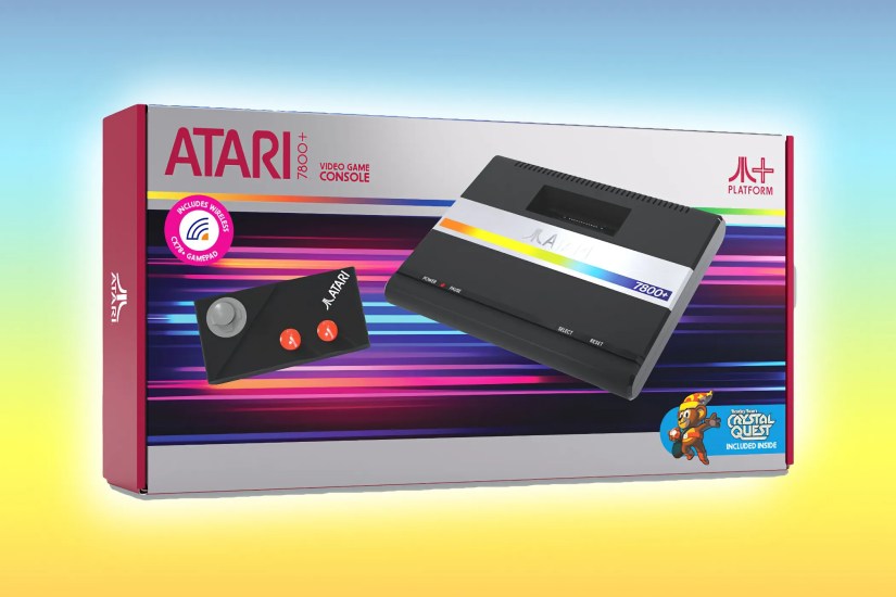 The packaging of Atari&rsquo;s 7800+ retro console.