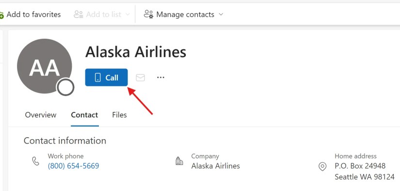 Selecting the option to call a contact under People in Outlook.