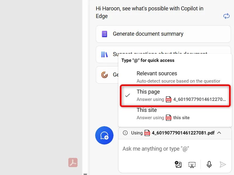 Changing input source of Copilot from web to &lsquo;This Page&rsquo; in Microsoft Edge.