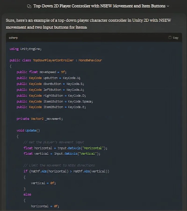 a 2D top-down controller written by Claude AI for the Unity engine
