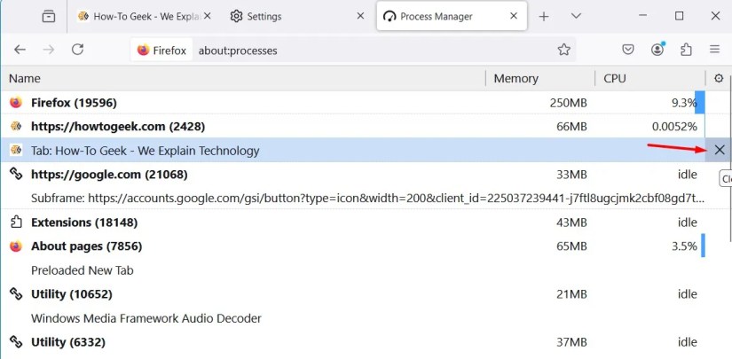 Close icon in Firefox Task Manager.
