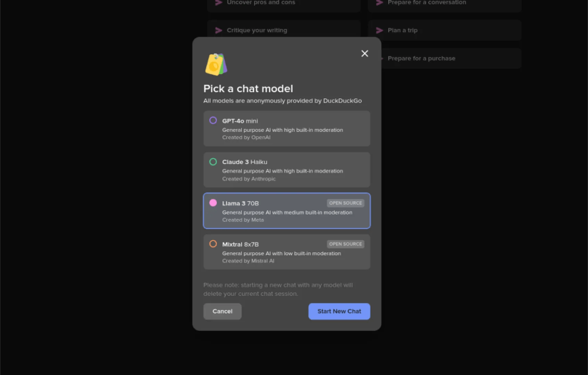 Select the model with DuckDuckGo.