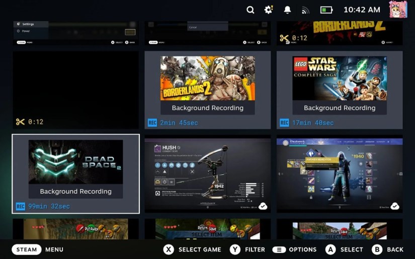 The media library on the Steam Deck, where video recordings are saved.