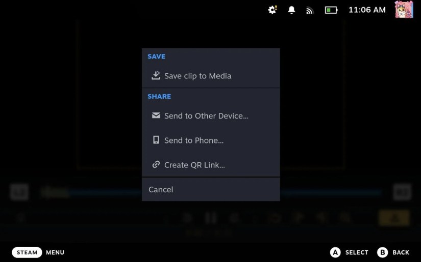 The upload options for videos in the Steam Deck Library