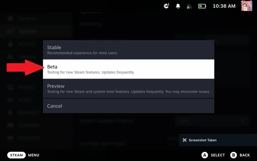 The &ldquo;Beta&rdquo; option of the Steam Deck&rsquo;s update channel