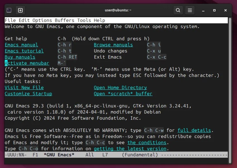 emacs text edtor on Ubuntu.-1