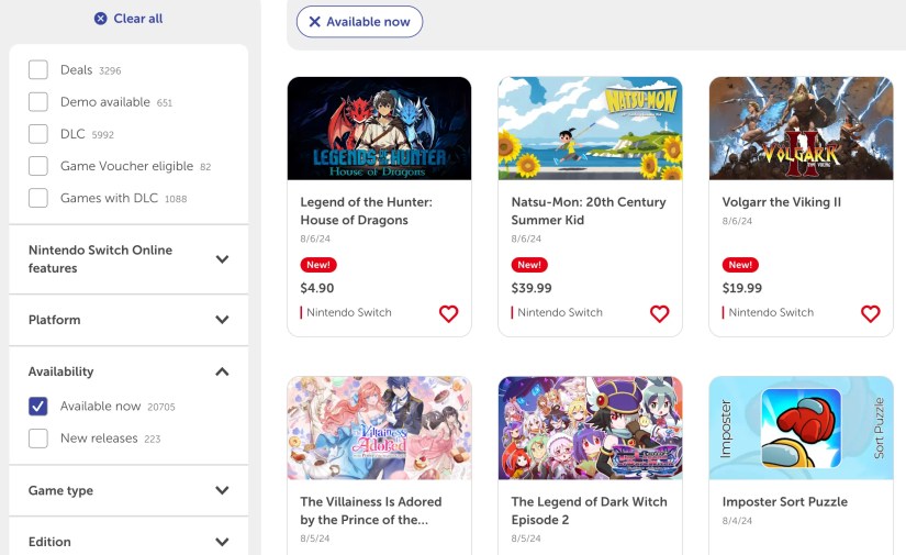 Nintendo.com&rsquo;s new releases page.