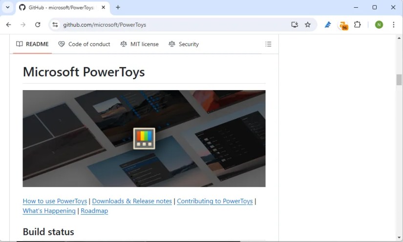 The GitHub page for Microsoft PowerToys.