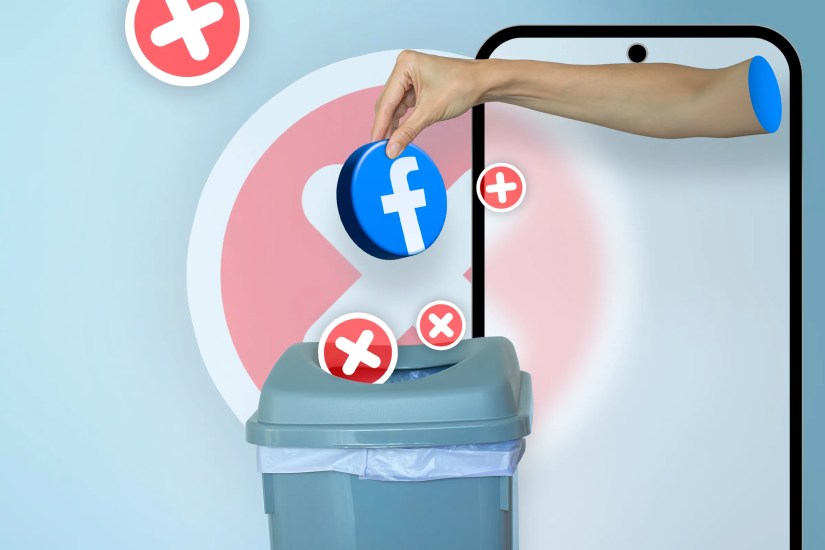 Hands coming out of a phone screen throwing Facebook into the trash, with several &lsquo;x&rsquo; icons around.