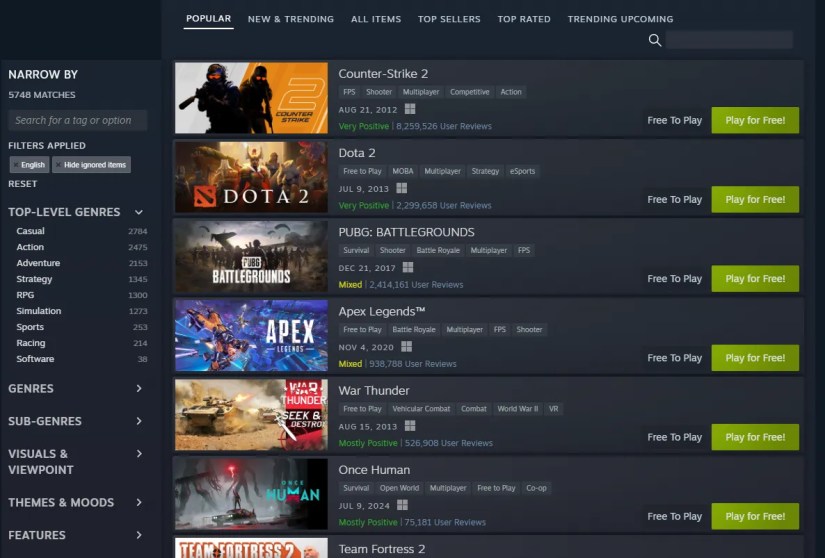 The &ldquo;Popular&rdquo; list of games on the Steam store.