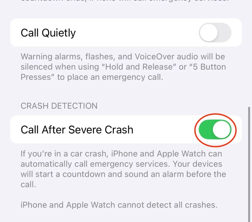 Emergency SOS settings with Crash Detection toggle circled.