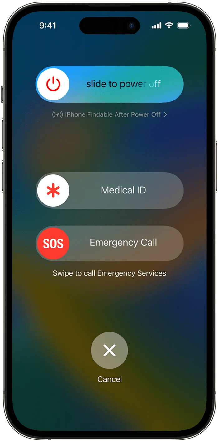 iPhone displaying Emergency SOS menu, including Slide to Power Off, Medical ID, Emergency Call, and Cancel.