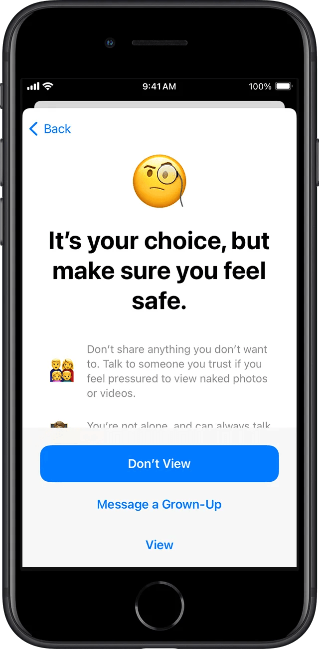 iPhone showing iMessage warning about potentially sensitive photos.