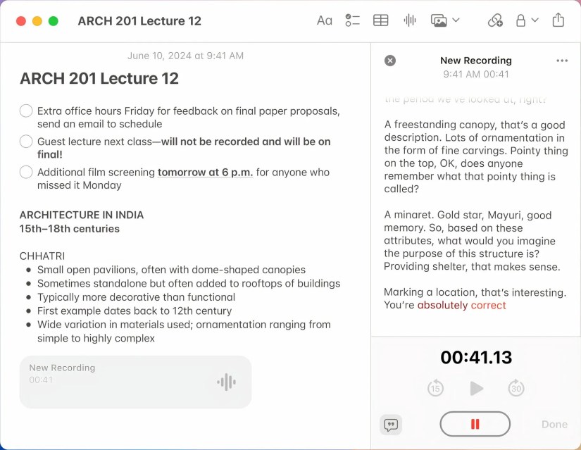 Live audio transcription in the Mac&rsquo;s Notes app.