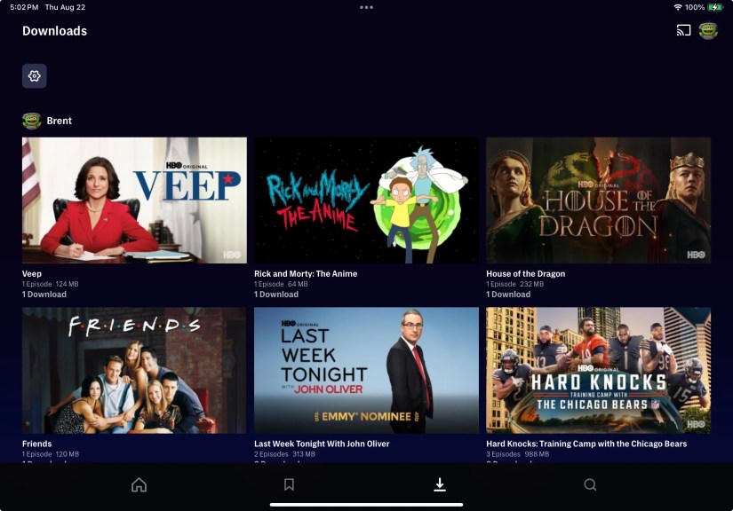 Downloaded shows on the Max iPad app.