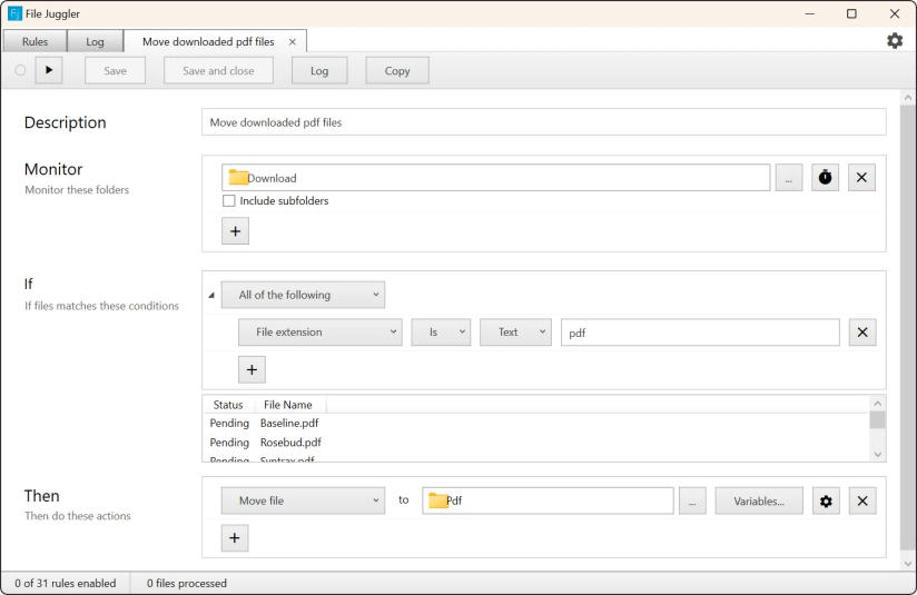 Configuring file sorting automation in File Juggler.