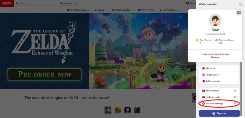 The side menu on the Nintendo Website with &ldquo;account settings&rdquo; highlighted.