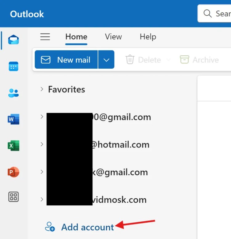 Add account option under Email section of Outlook.