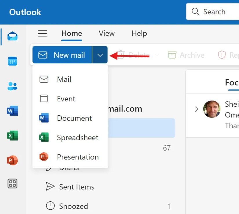 Quick action menu on the mail menu in Outlook.