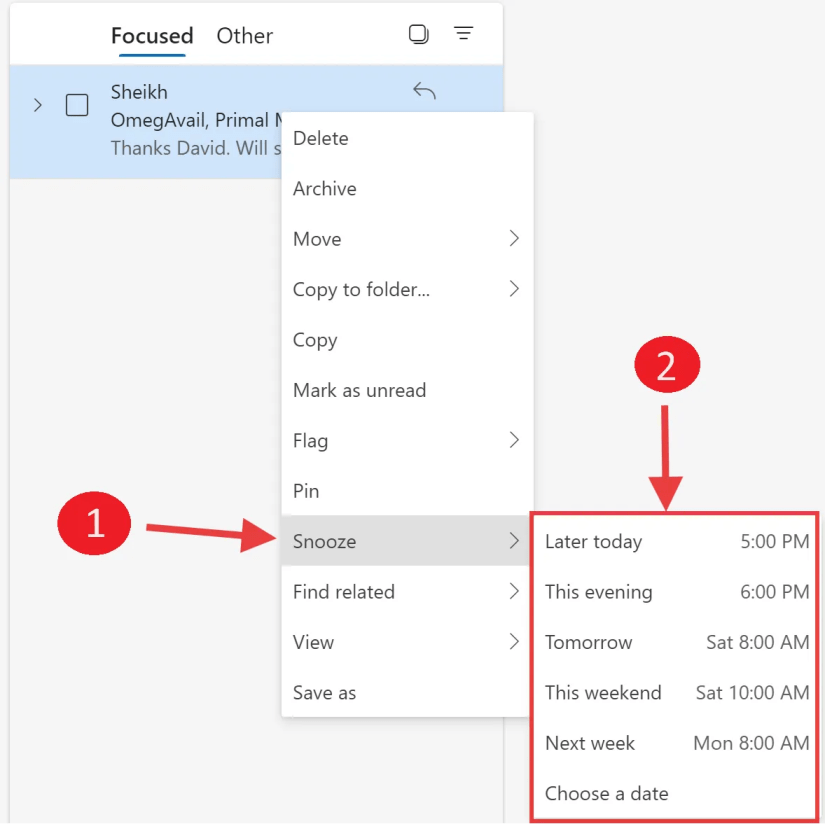 Selecting Snooze option on email in Outlook.