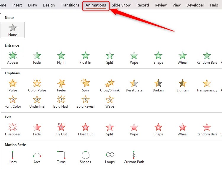 PowerPoint&rsquo;s Animation drop-down is opened, displaying the many different types of animations available.