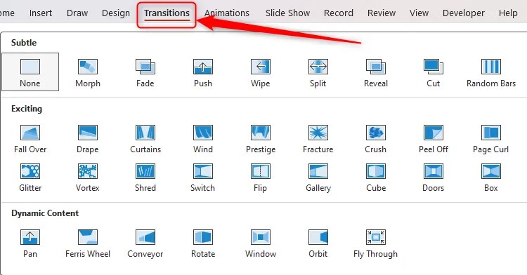 PowerPoint&rsquo;s Transiton drop-down is opened, displaying the many different types of transitions available.