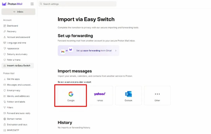 Gmail import to Proton Mail