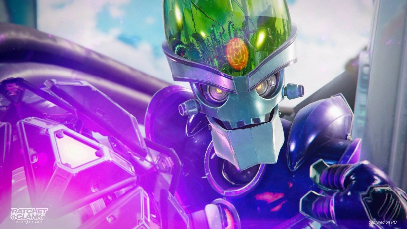 A Ratchet &amp; Clank screenshot showing ray-traced reflections on the head of the villian.