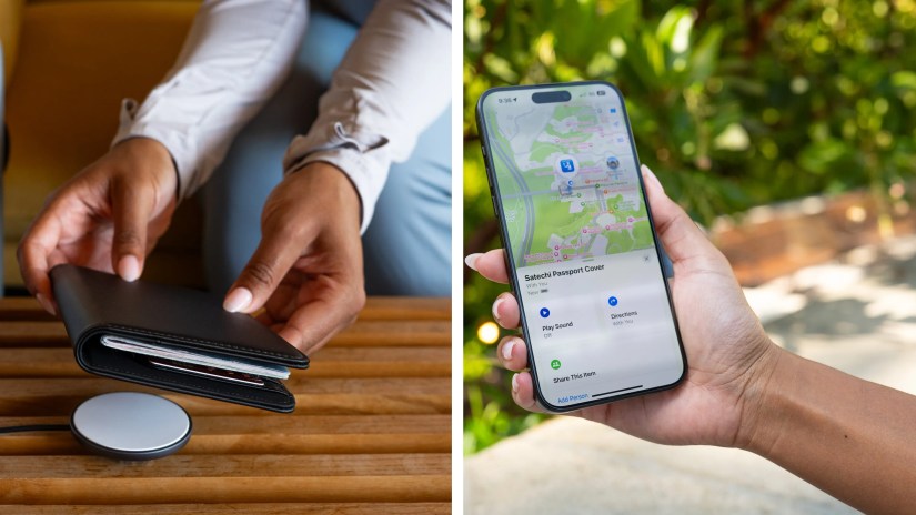 Two images showcasing Satechi&rsquo;s passport holder on a Qi charger and locating it via Find My on iPhone.
