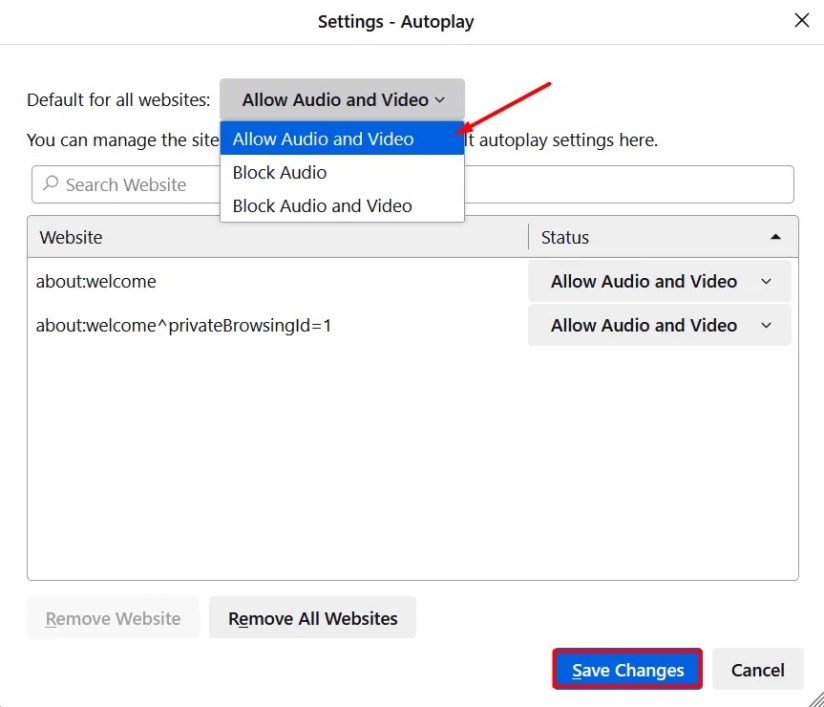 Save Changes option in the Firefox Settings menu.