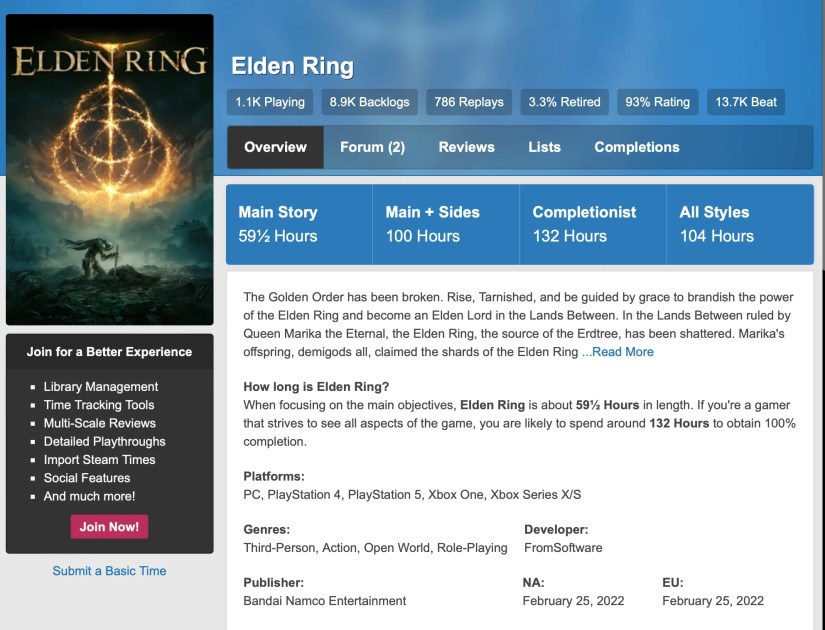 How Long to Beat entry for Elden Ring.
