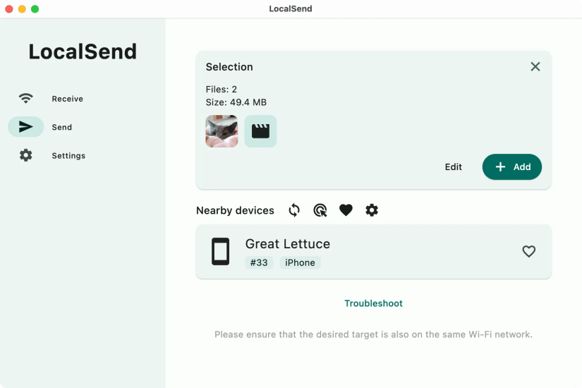Sending files from LocalSend for Mac.