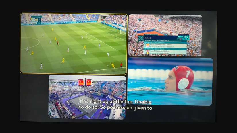 Peacock Multiview displaying several Olympic events at once.