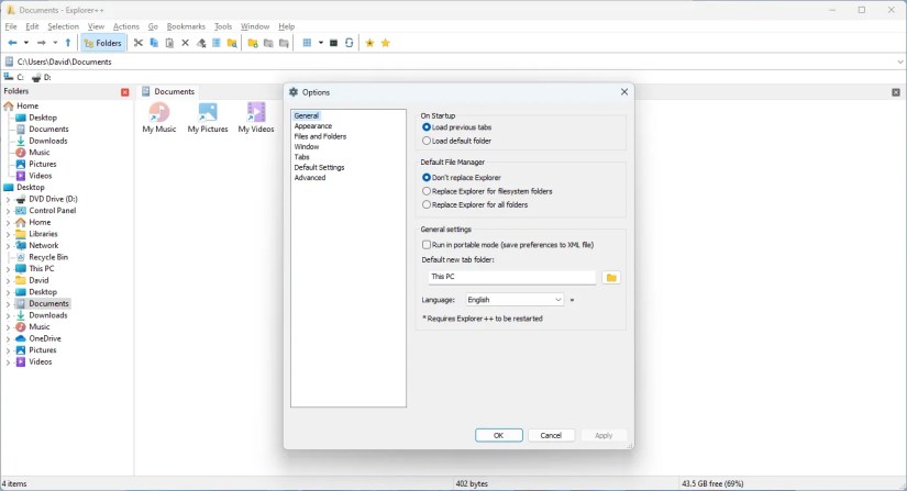 Explorer ++ configuration.