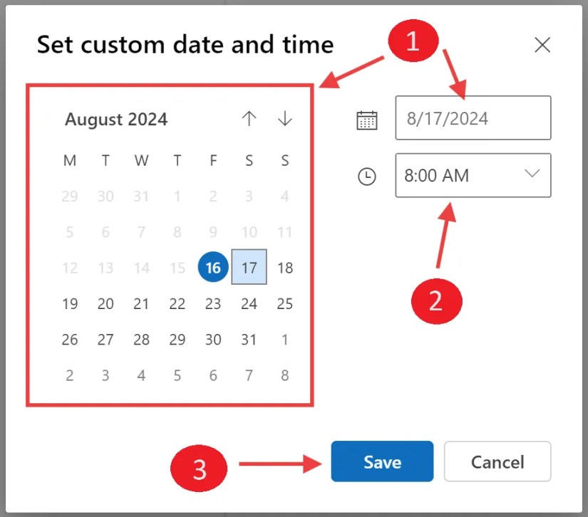 Set a custom date &amp; time for snoozed email in Outlook.