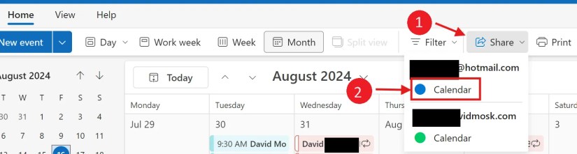 Share option to share a calendar with someone from Outlook.