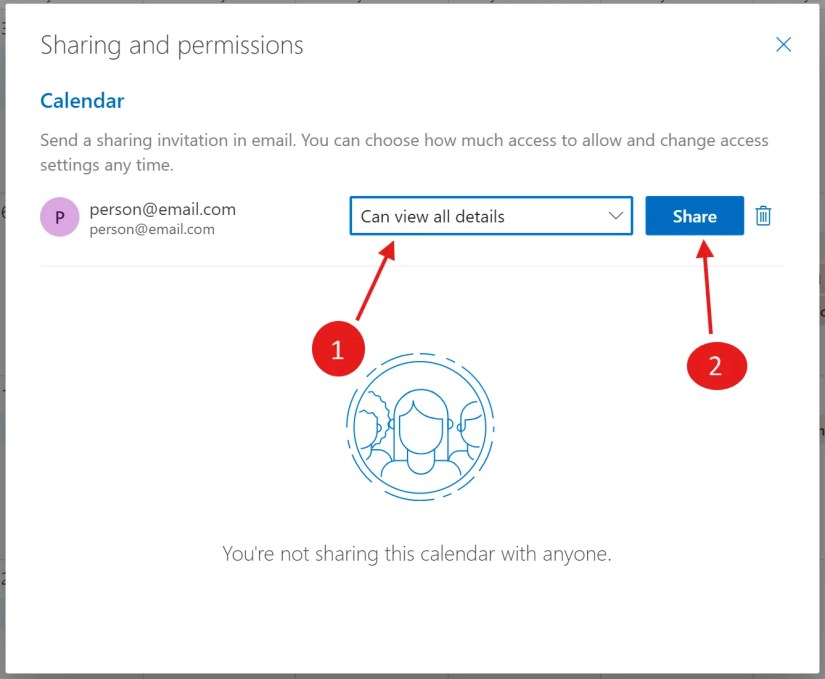 Share calendar prompt under Calendar section in Outlook.