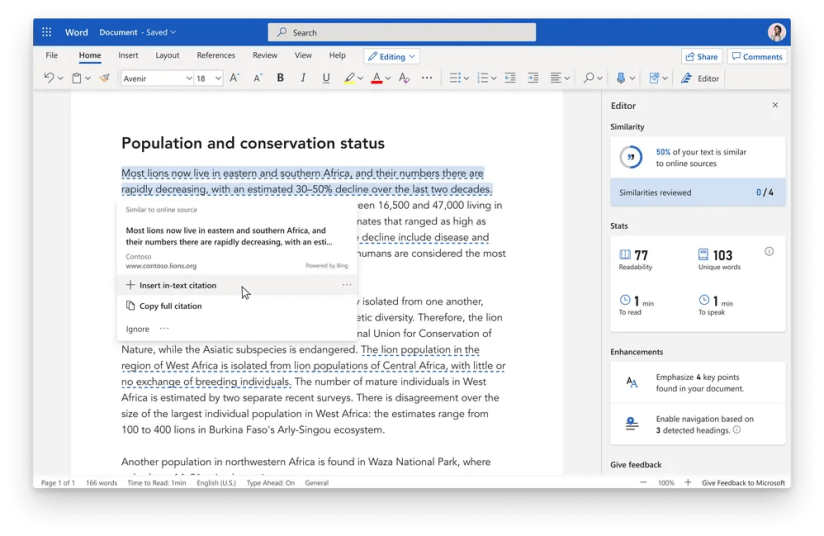 Similarity checker in Microsoft Editor.