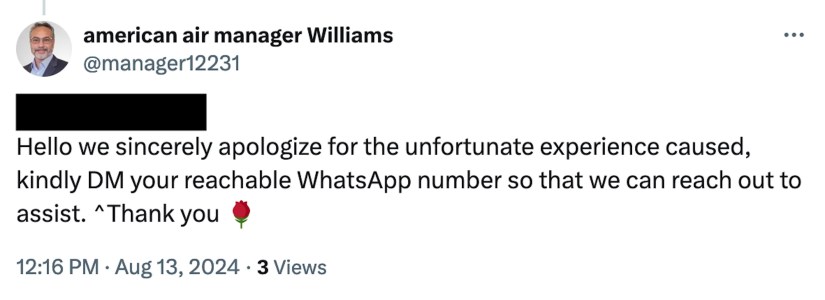 Fake representative account asking for a customer&rsquo;s WhatsApp number.
