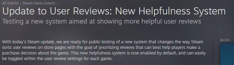 A screenshot of Steam&rsquo;s August 14th Announcement regarding helpful user reviews.